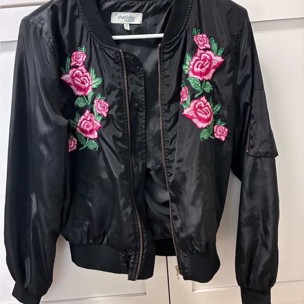 Charlotte Russe Black Bomber Jacket with Pink Rose Embroideries